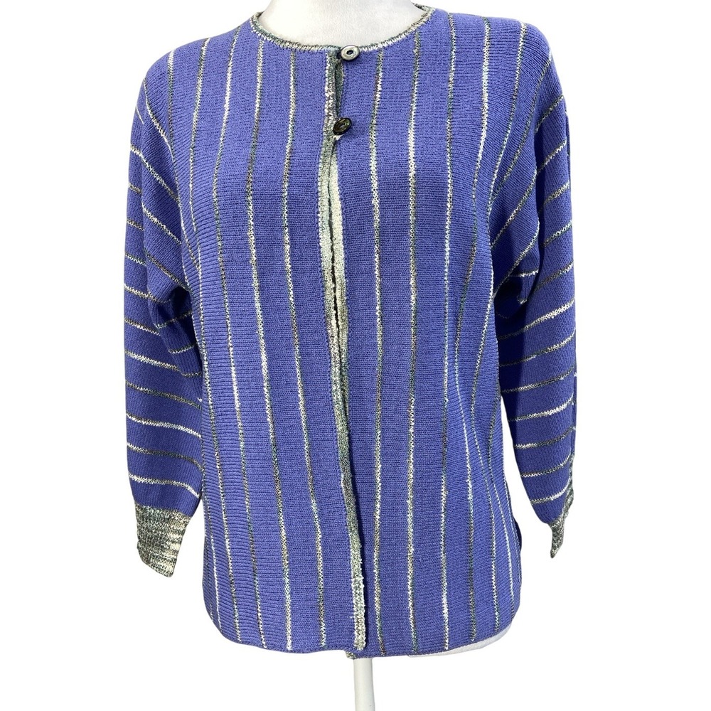 Anne Pedersen Womens‎ Sweater XS Blue Striped Open Front Cardigan Wool Blend